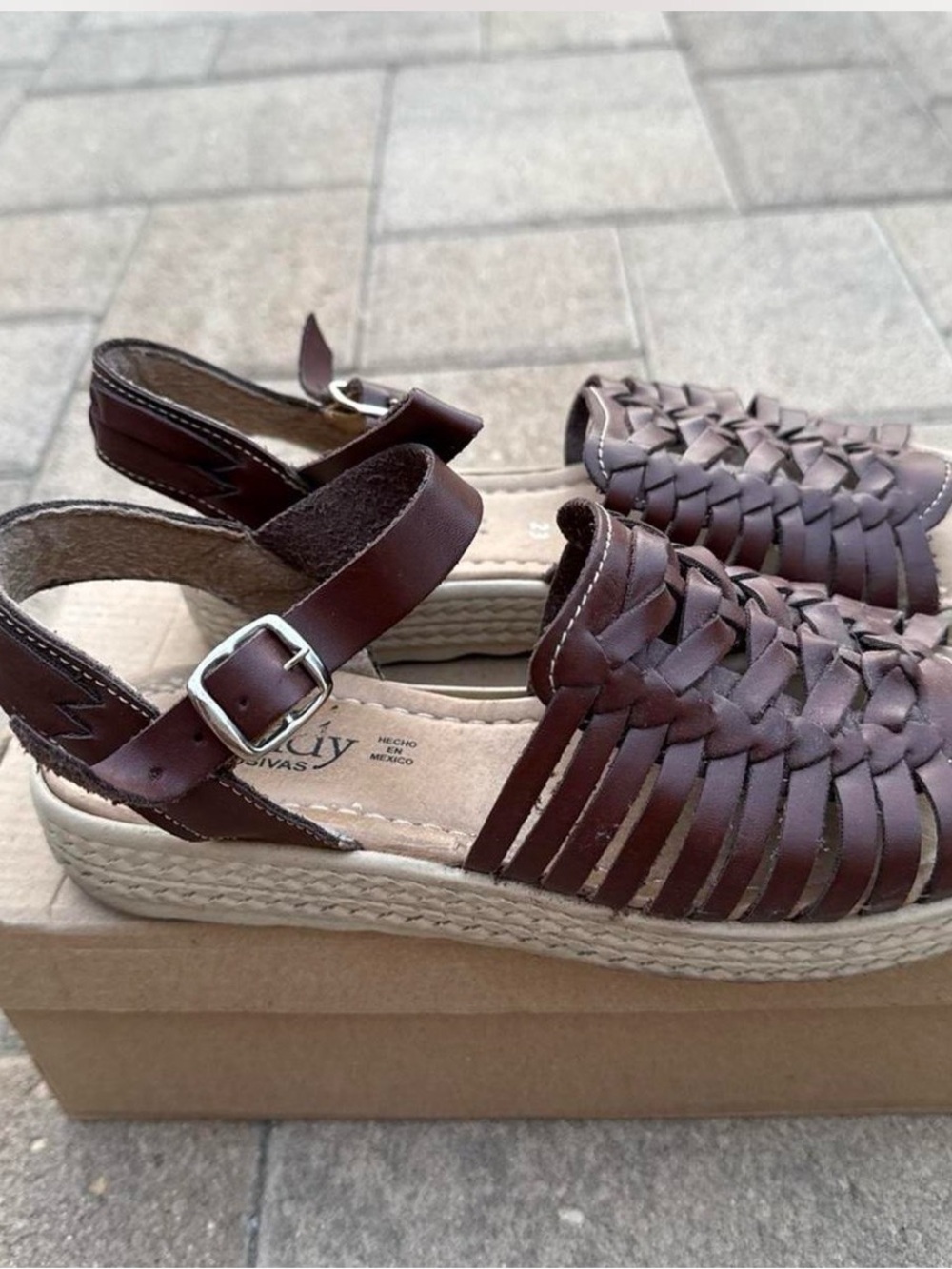 Woven Brown Leather Platform Sandals with Ankle Buckle